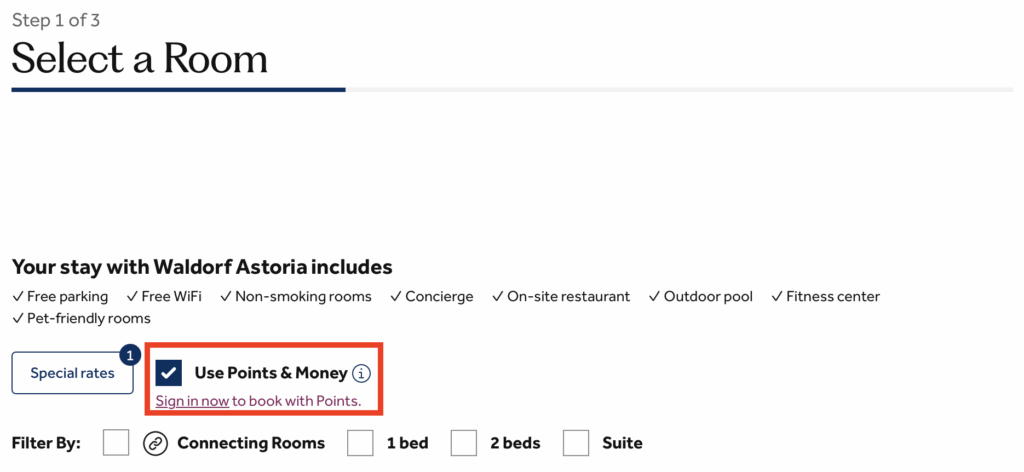 screenshot of a Hilton search with the points and cash option highlighted